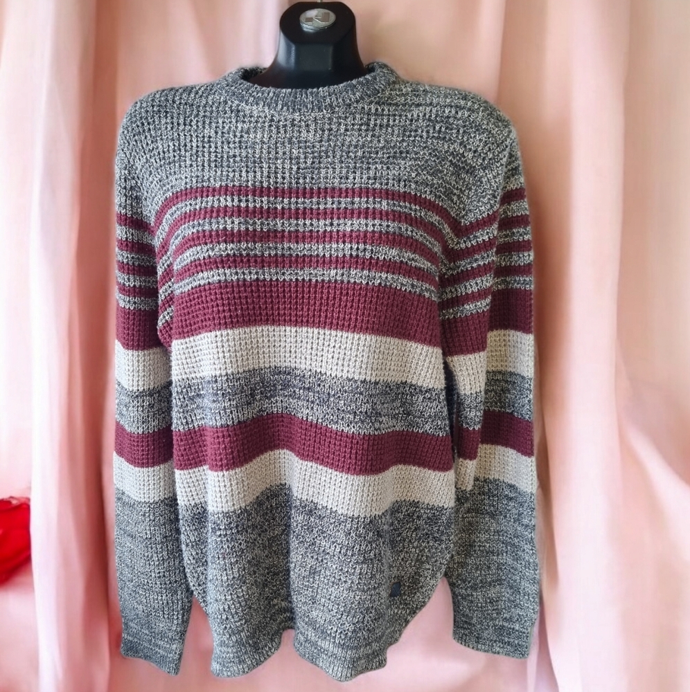 Soulstar Striped Knit Sweater - Gray, Burgundy, Cream Men's Size M